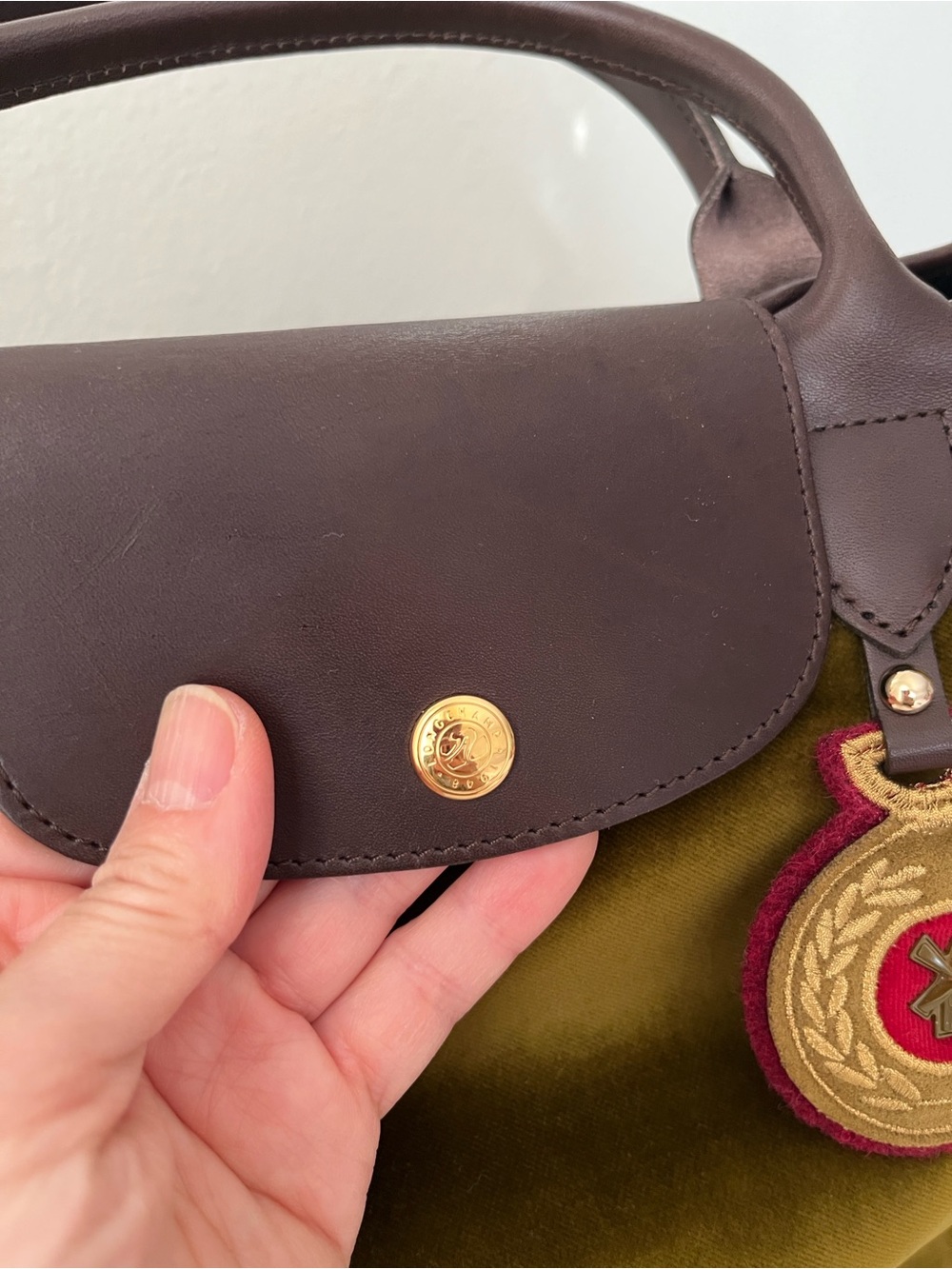 Longchamp Olive Velvet Tote with Dark Brown Leather Trim. Limited Edition. - Picture 4 of 11